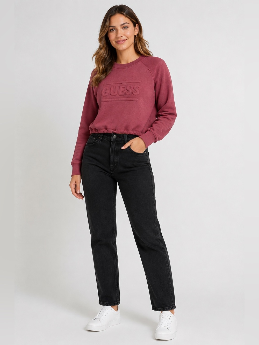 GUESS Women's Embossed Logo Crew Sweatshirt in Mauve Berry size small